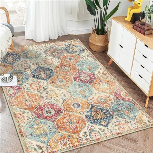Moroccan Trellis Area Rug, 5x7 Washable Living Room Rug Indoor Non-Slip